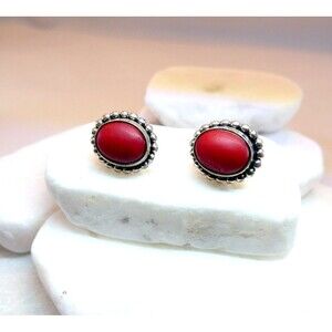 Vintage Red Coral Sterling Silver Stud Earrings Handmade Signed